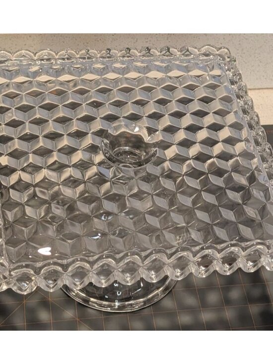 Vintage Fostoria American Clear Glass Square Cake Stand Cubist Pattern Rum Well - Picture 5 of 16